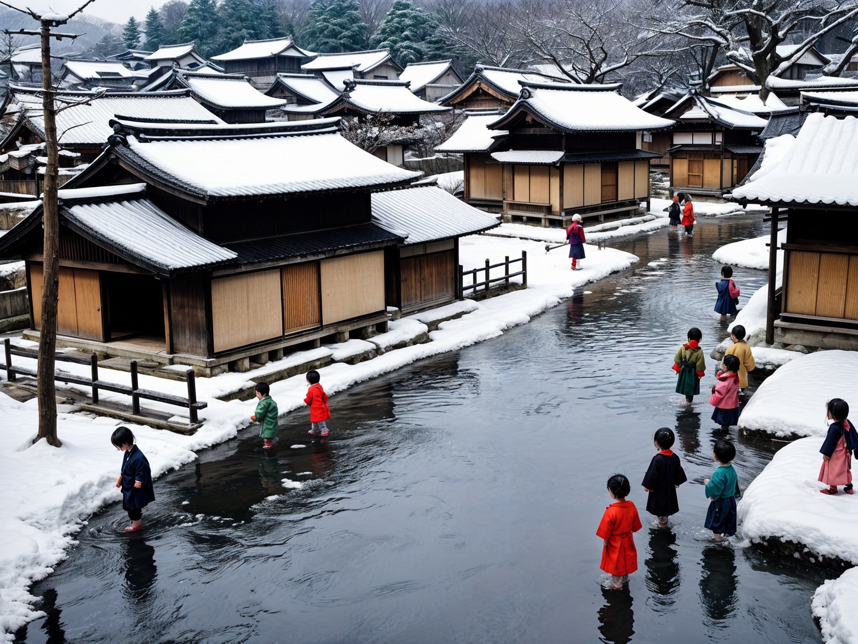 Traditional Village in Snowy Winter Landscape