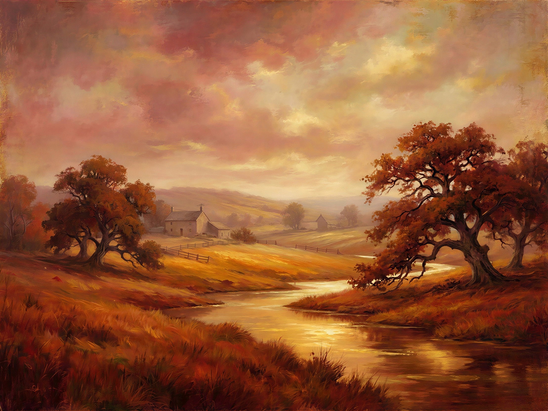 Autumn Rural Landscape with River and Oak Trees