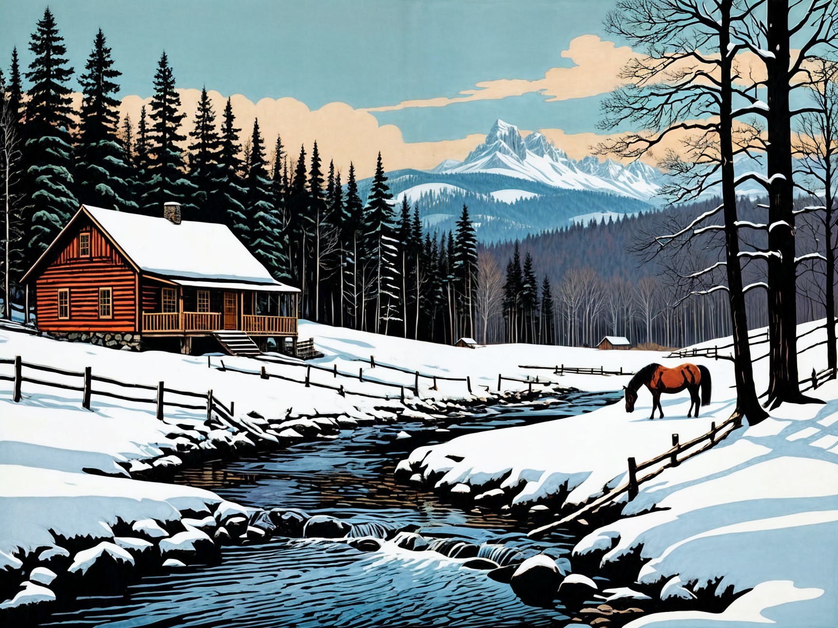 Winter Landscape with Cabin and Snowy Fields