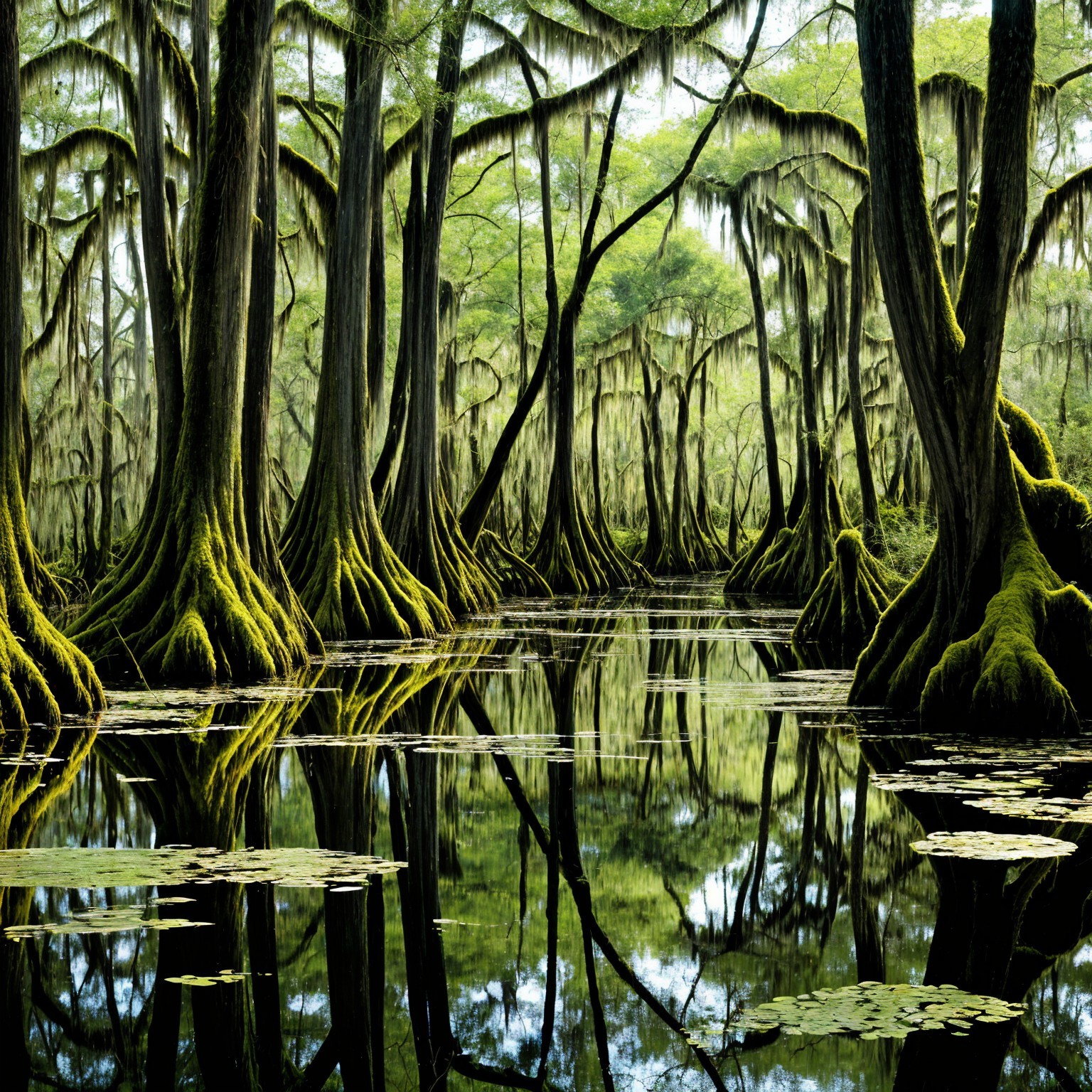 Lush Swamp Scene with Cypress Trees and Lily Pads