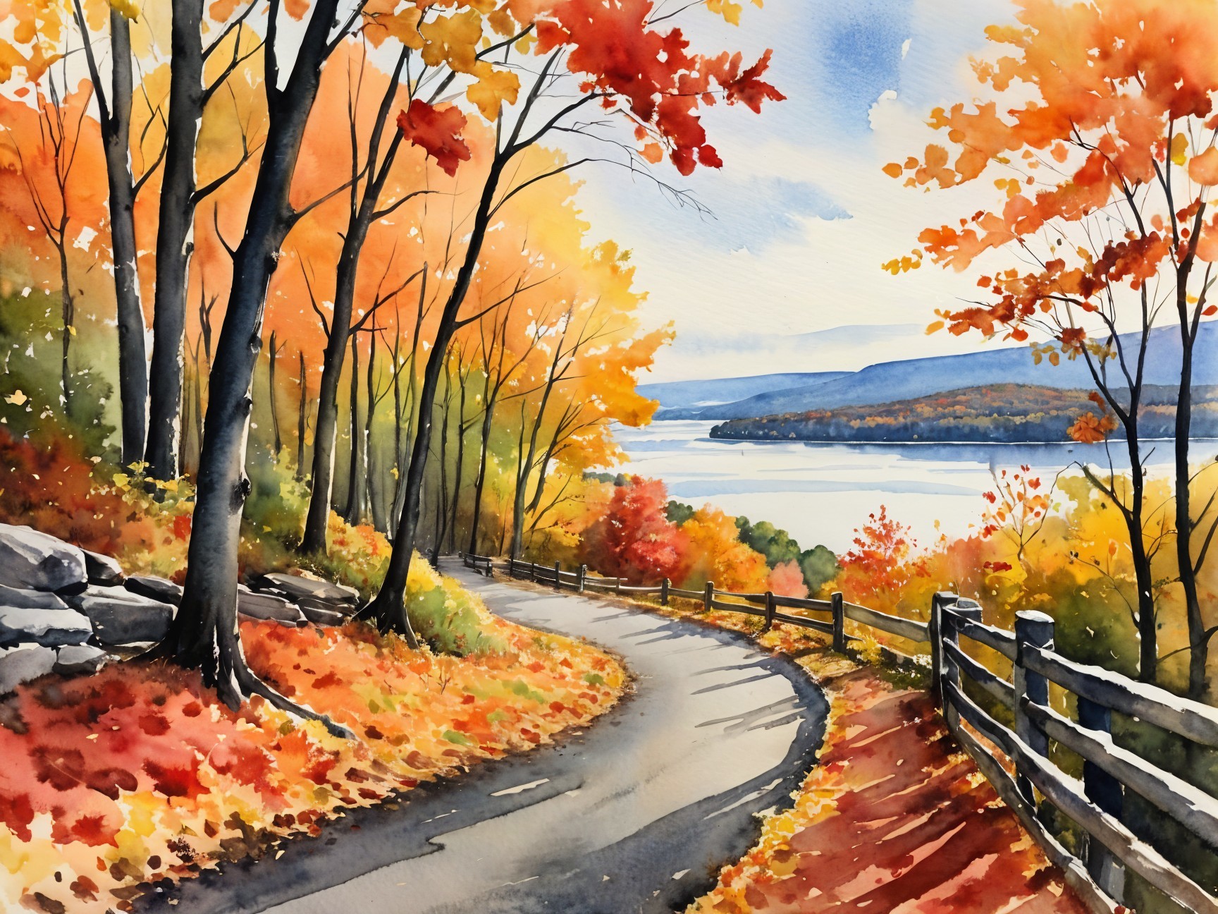 Autumn Landscape with Winding Road and Tranquil Lake