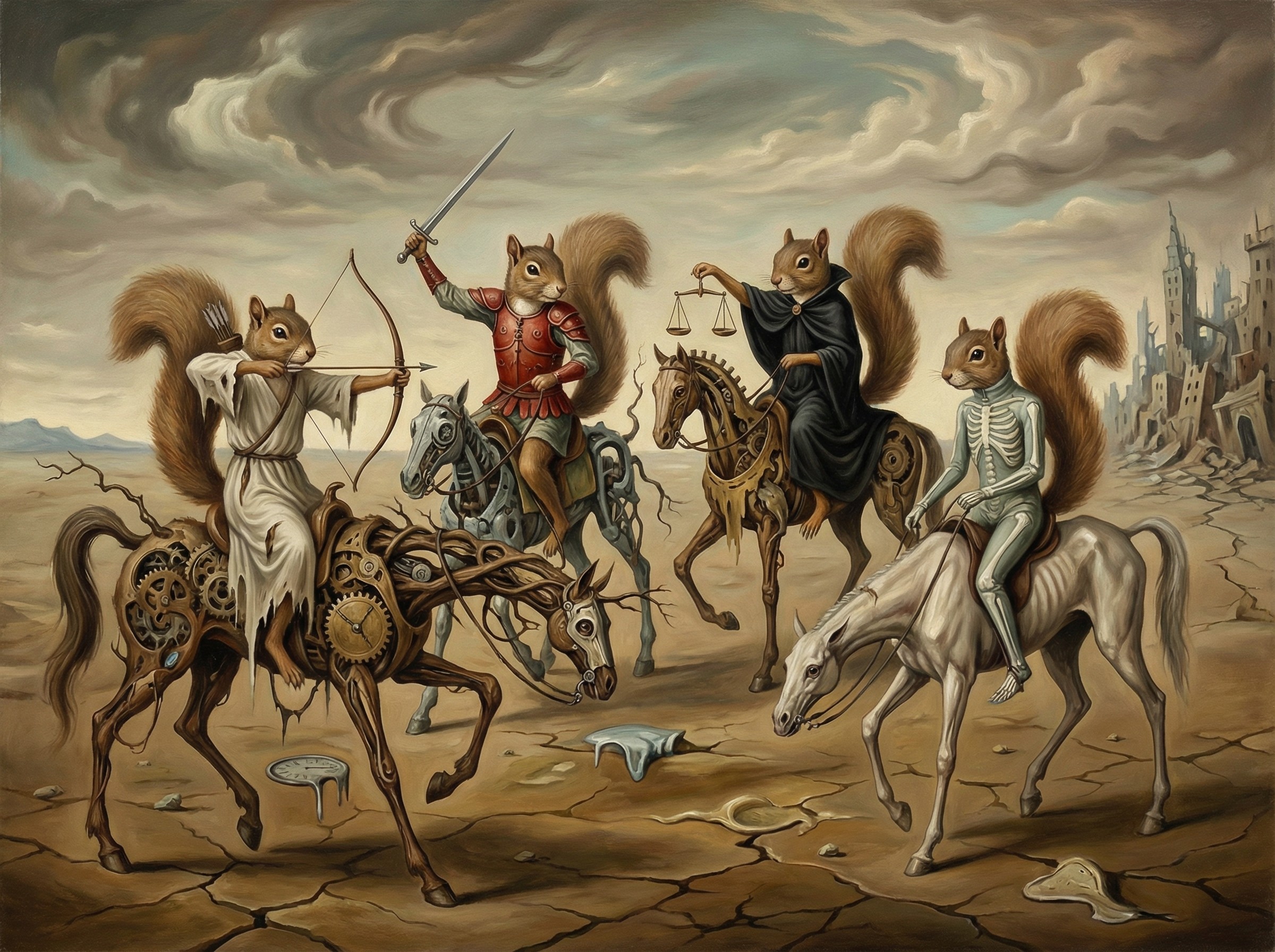 Squirrels as Four Horsemen in Surreal Desert Scene