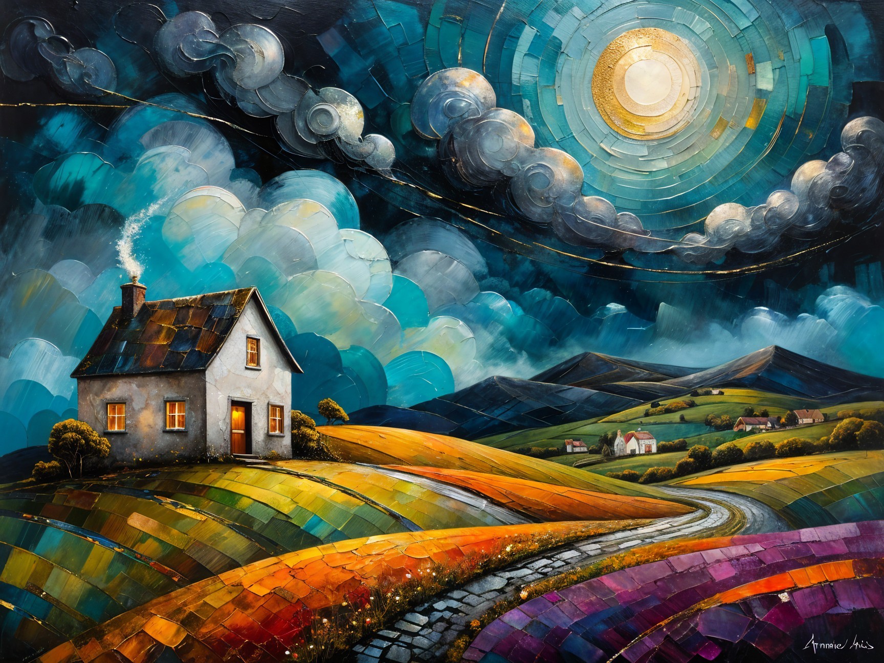 Vibrant Landscape with Colorful House and Hills