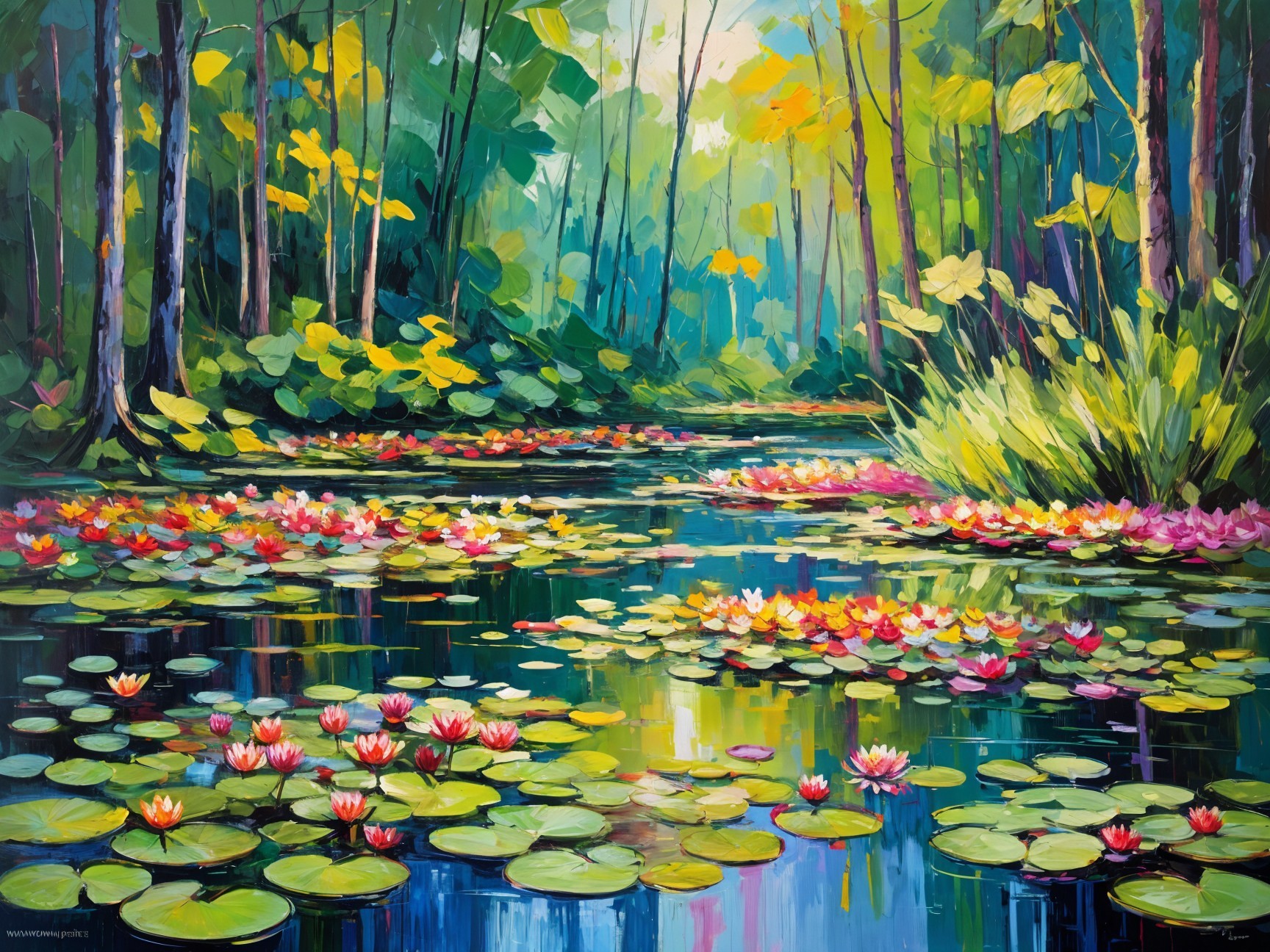 Tranquil Pond Surrounded by Lush Greenery and Lilies