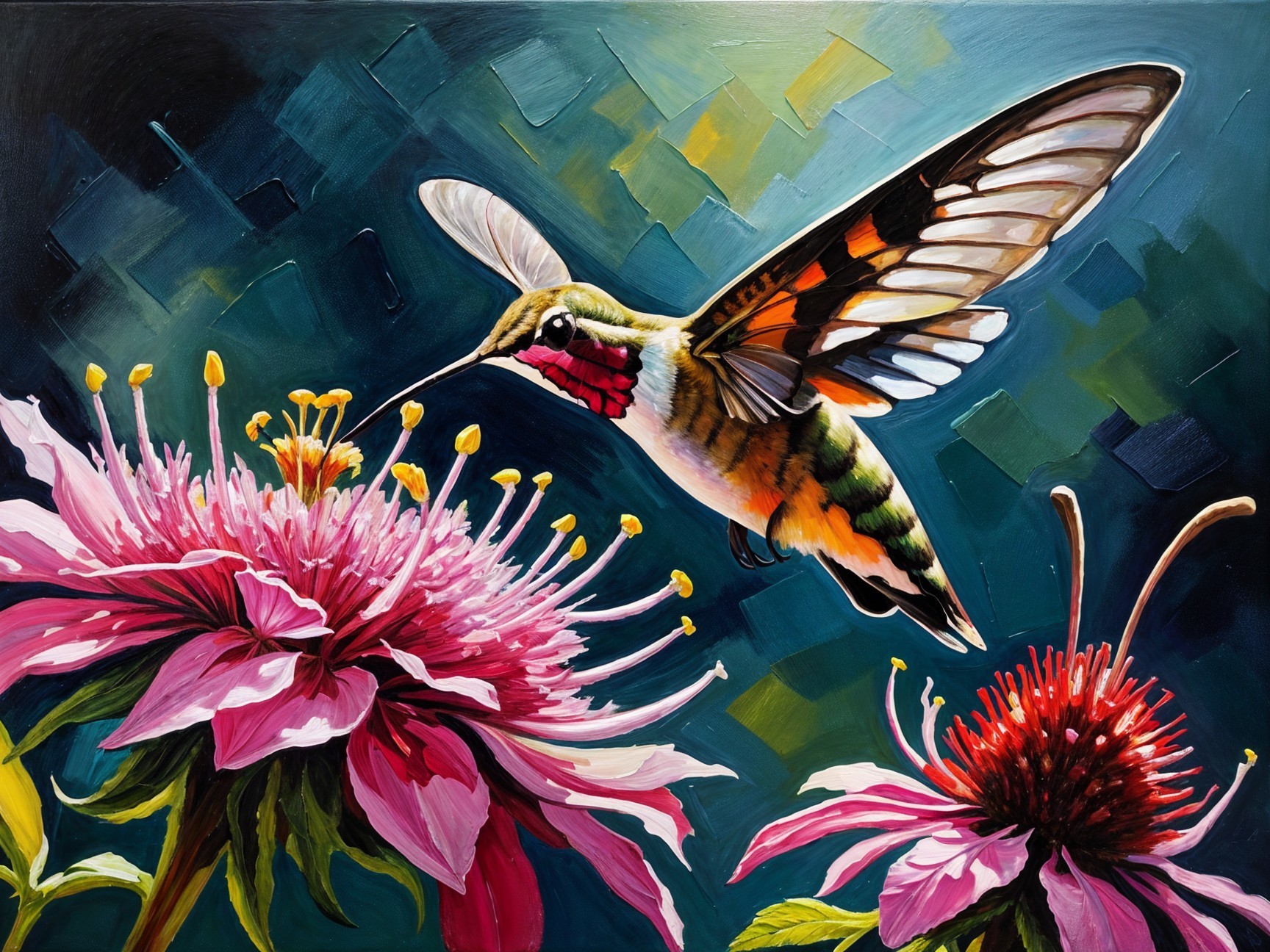 Hummingbird Near Pink Flowers with Geometric Background