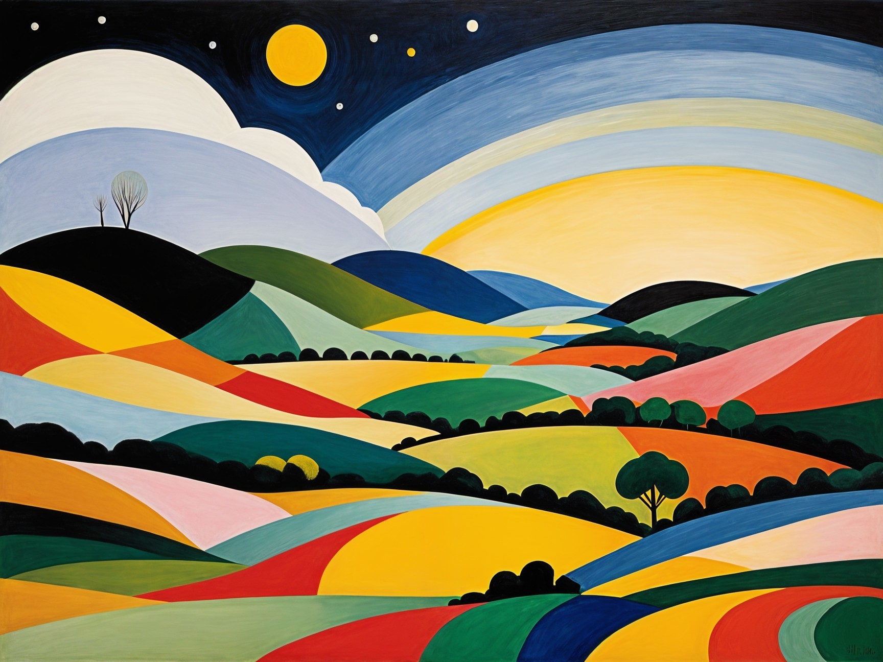 Vibrant Landscape with Rolling Hills and Celestial Elements