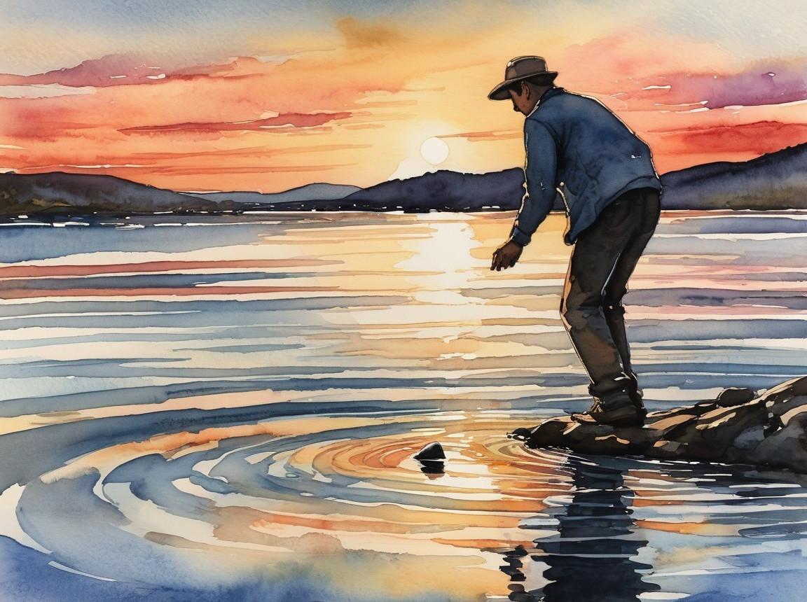 Watercolor Painting of Man by Vibrant Sunset Shore