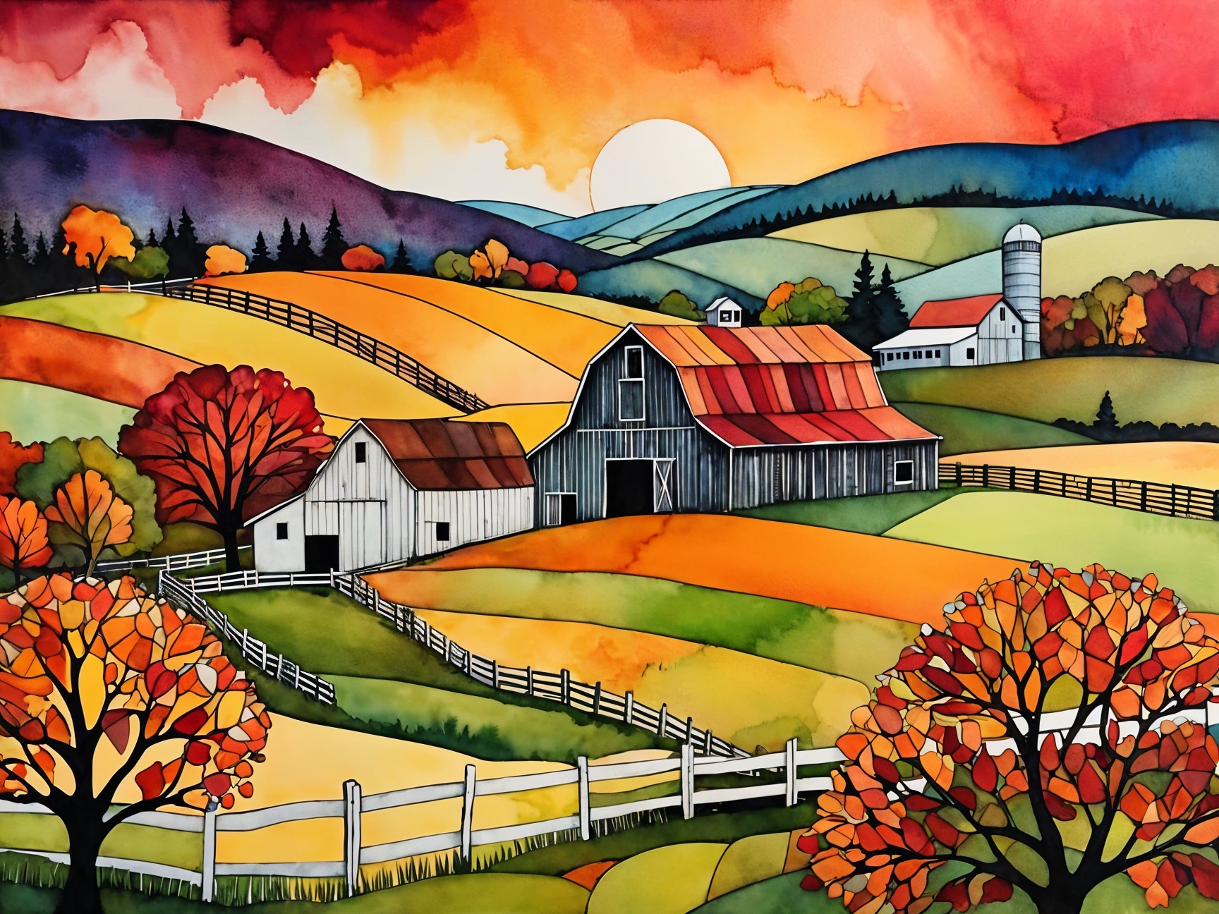 Vibrant Watercolor Landscape with Autumn Foliage