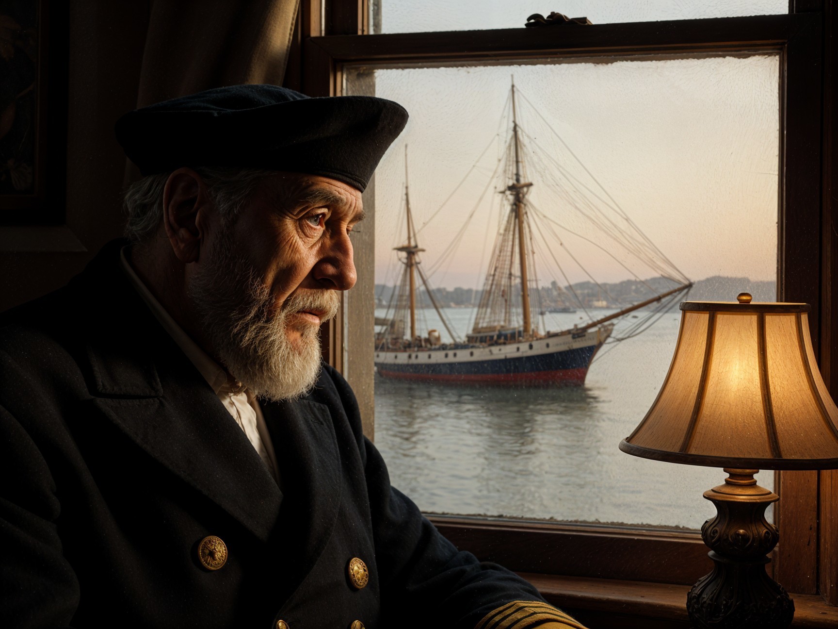 Weathered Captain in Navy Uniform by Window at Sunset