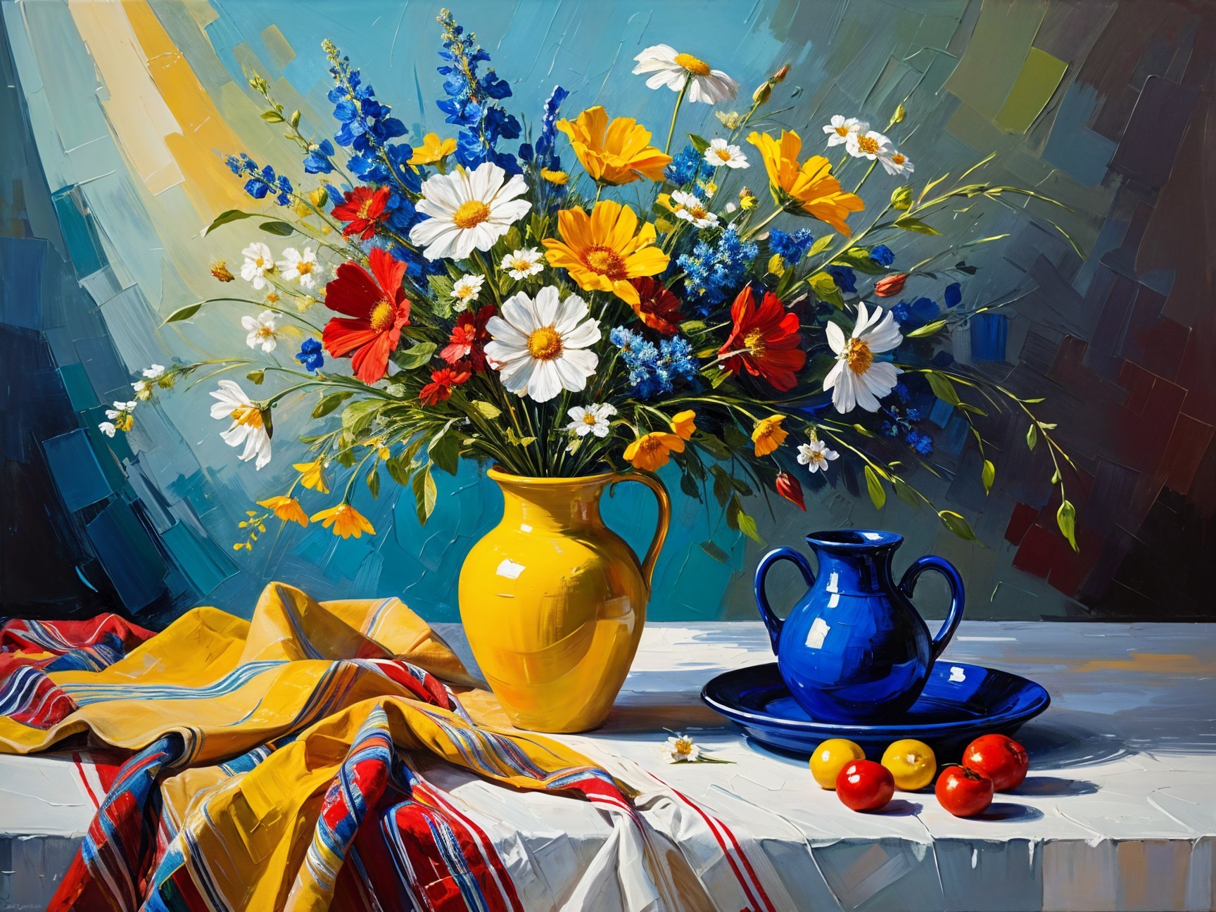 Vibrant Still-Life with Yellow Vase and Colorful Flowers
