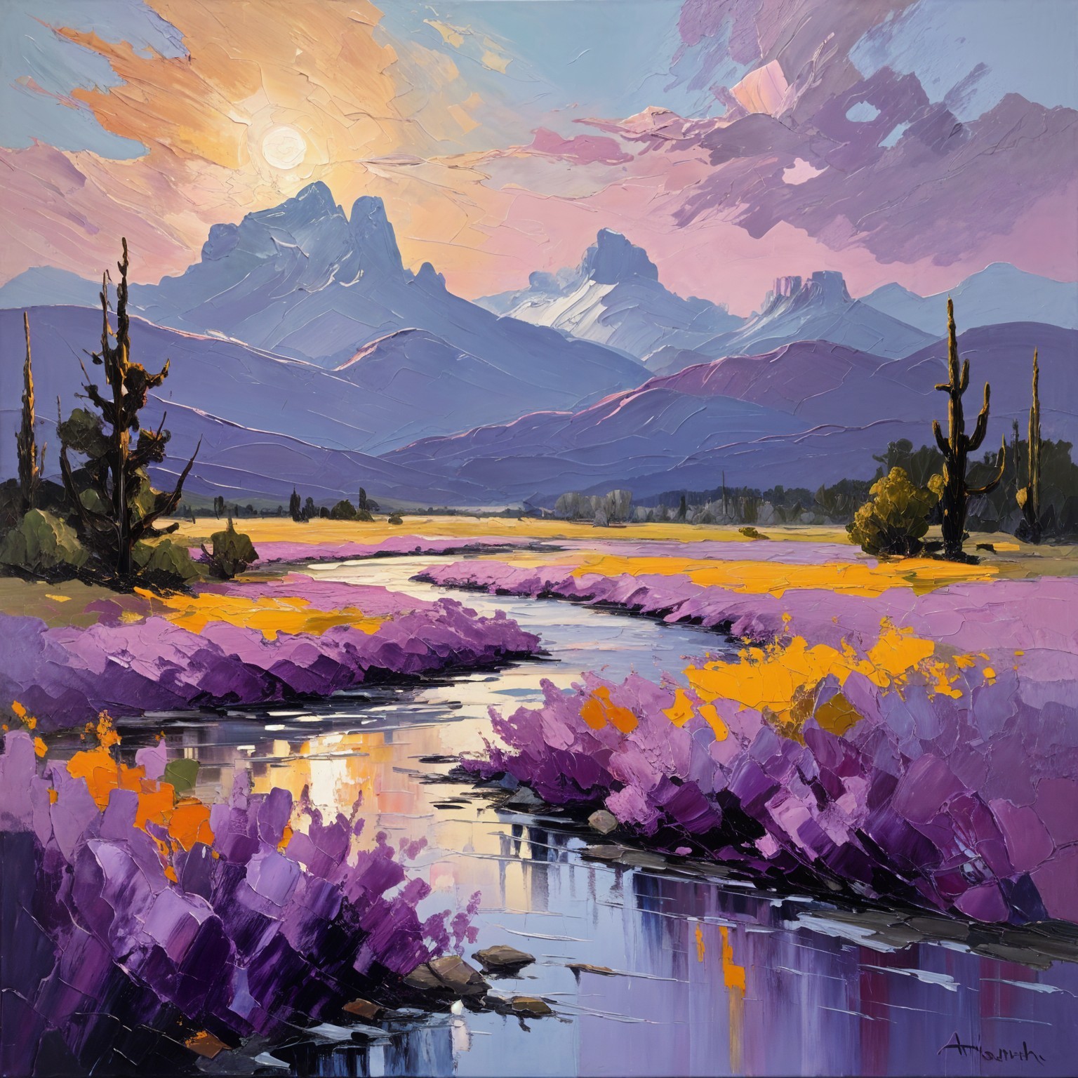 Vibrant Landscape with River and Sunset Over Mountains