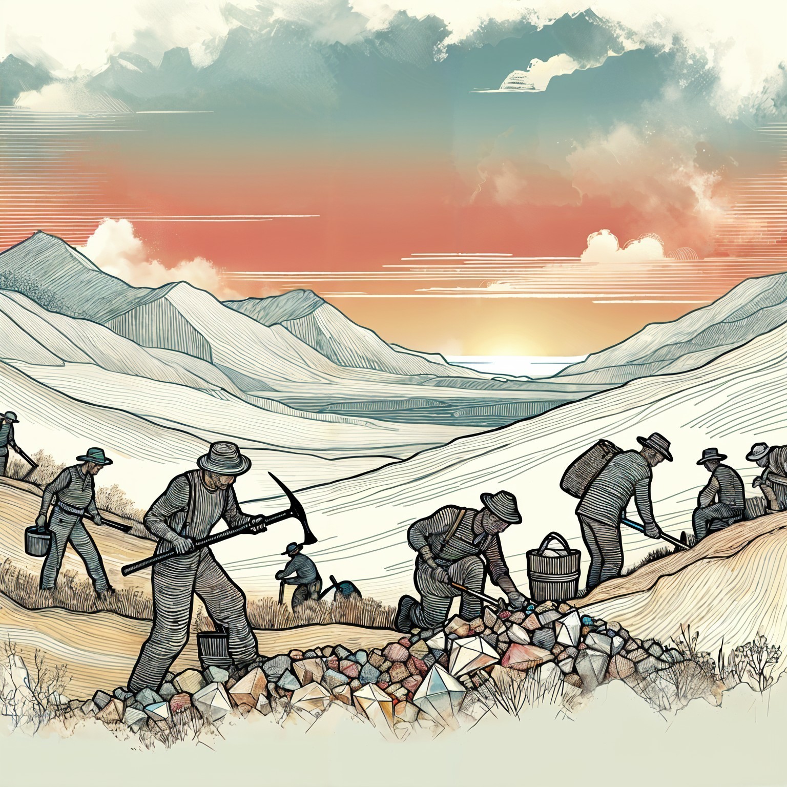 Miners Collecting Gems in Mountainous Sunset Landscape