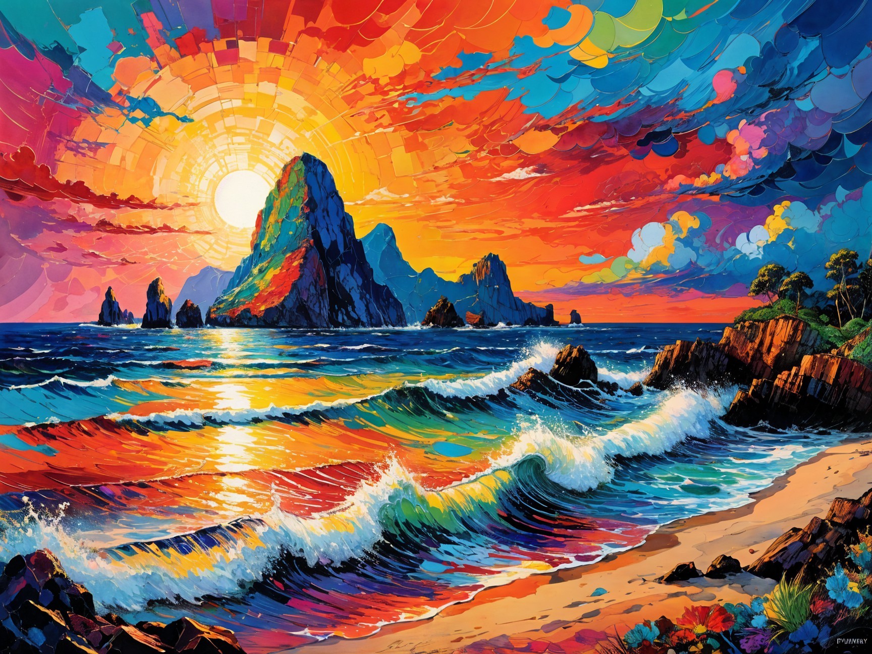 Vibrant Sunset Over Rocky Coastline and Island
