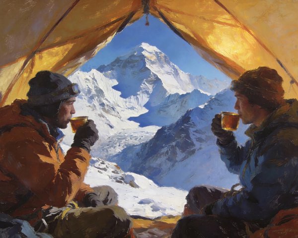 Mountaineers in Tent with Snowy Mountain View