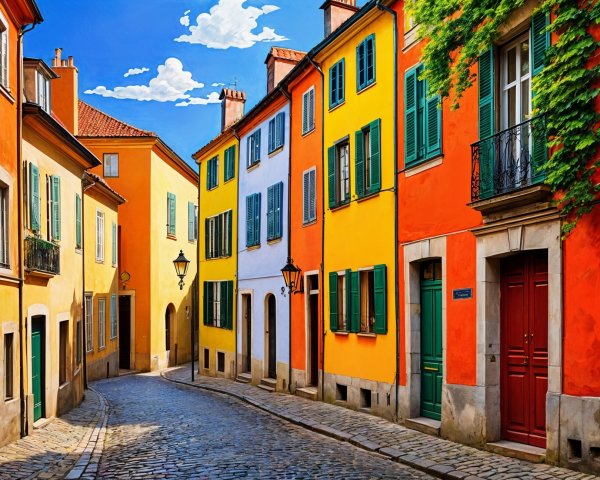 Vibrant Street Scene with Colorful Buildings and Clouds