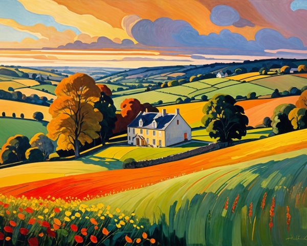 Vibrant Landscape with Rolling Hills and Colorful Fields