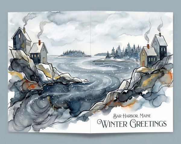Wintry Coastal Watercolor Greeting Card Description