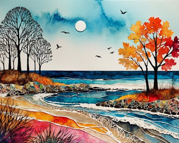 Vibrant Beach Landscape with Autumn Trees and Waves