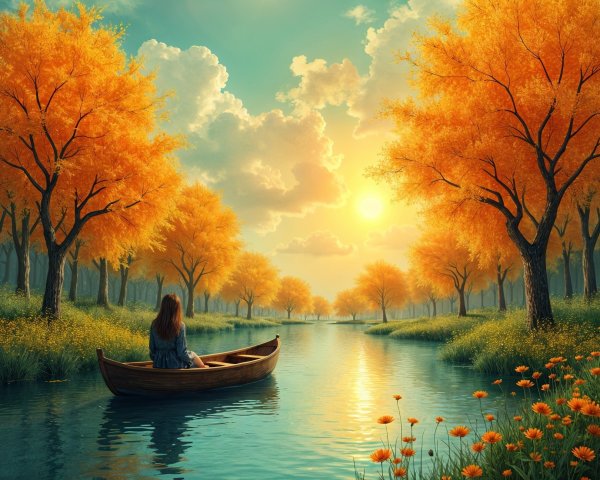 Woman in Wooden Boat on Calm River at Sunset