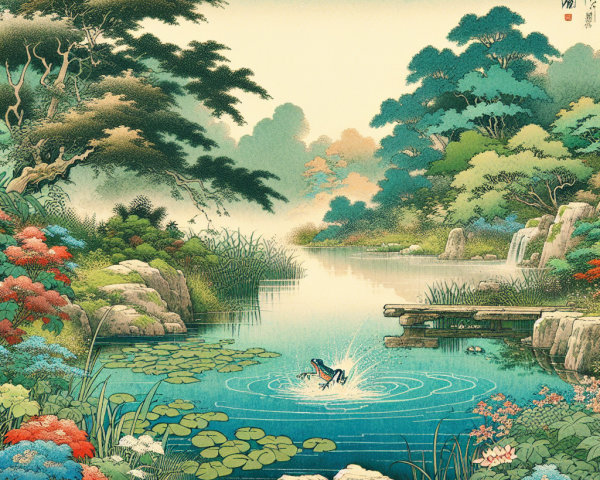 Tranquil Pond Surrounded by Lush Greenery and Flowers