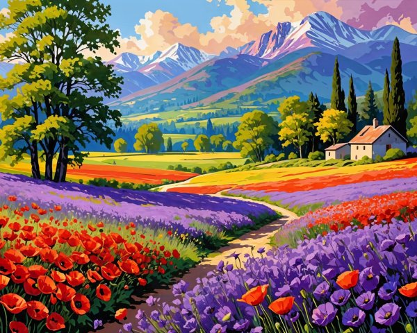 Vibrant Landscape with Poppies and Snow-Capped Mountains