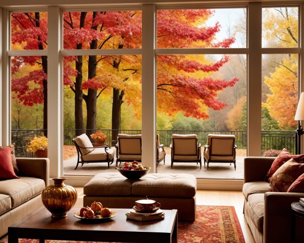 Cozy Living Room with Autumn Landscape View