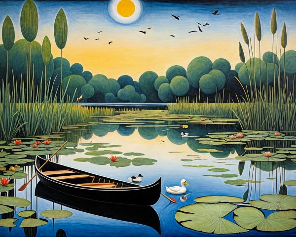 Tranquil Lake Scene with Canoe and Ducks at Sunset