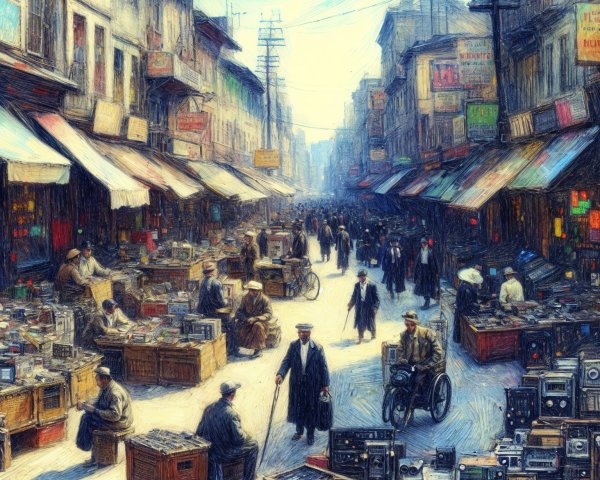 Bustling market street with vendors and shoppers