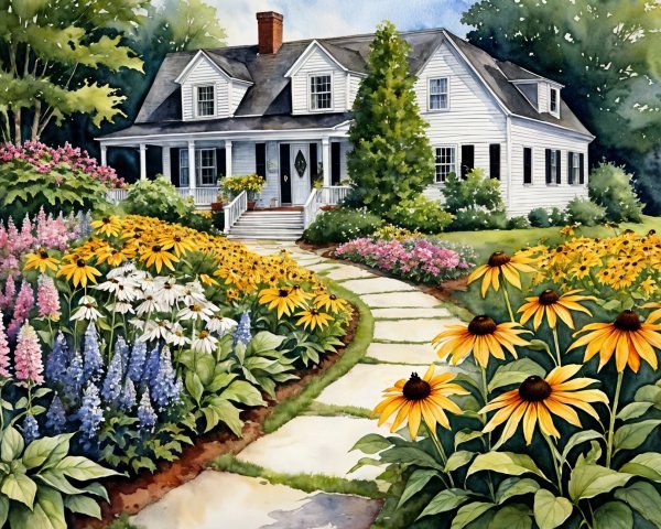 Charming White House Surrounded by Vibrant Garden