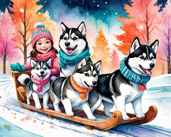 Joyful Winter Scene with Girl on Sled and Huskies
