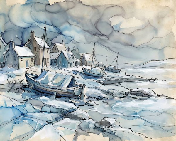 Watercolor and Ink Sketch of Snowy Coastal Village