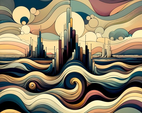 Surreal landscape with geometric peaks and pastel hues