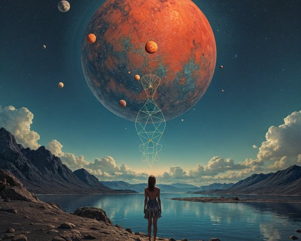 Lone Figure on Rocky Shore Under Reddish Planet