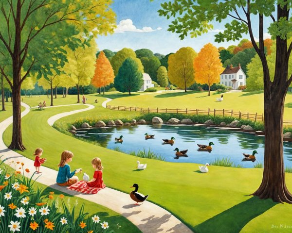 Children Feeding Ducks by a Tranquil Pond in Autumn