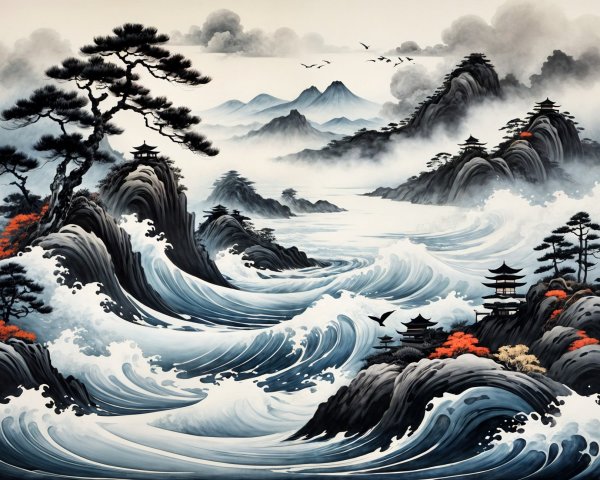 Serene Landscape with Mountains and Coastal Pagodas