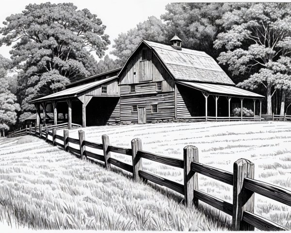 Black-and-white illustration of a rustic barn scene