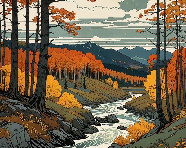 Vibrant Autumn Landscape with Winding River and Trees
