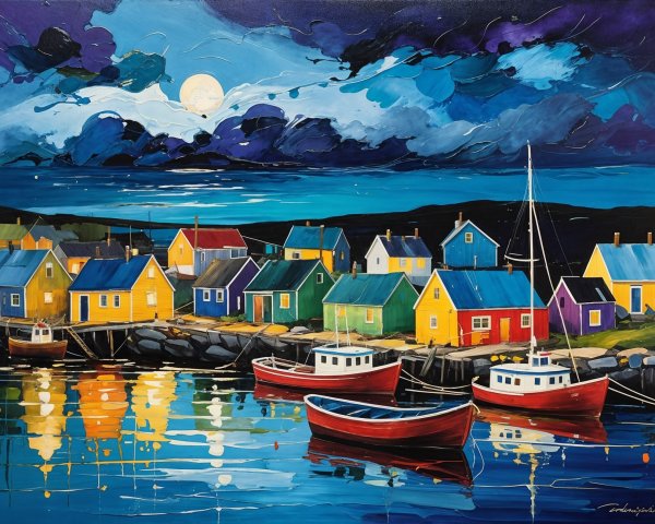 Vibrant Coastal Scene Under Moonlit Sky