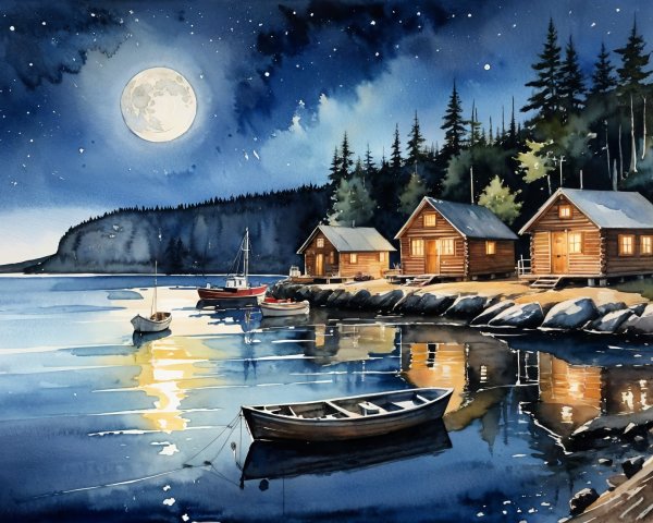 Lakeside Scene with Moonlight and Rustic Cabins