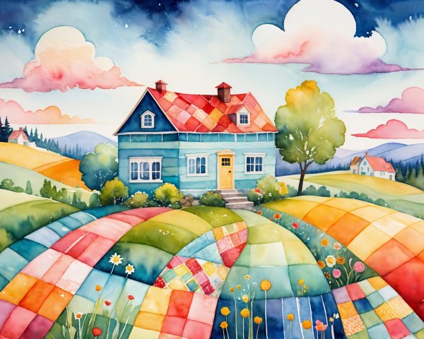 Teal House in Serene Countryside Landscape