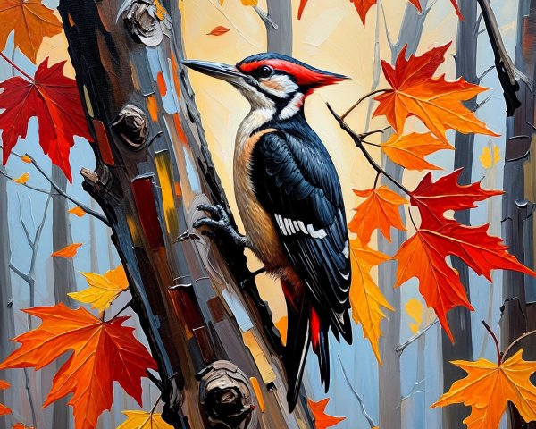 Colorful Woodpecker on Tree Trunk in Autumn Foliage