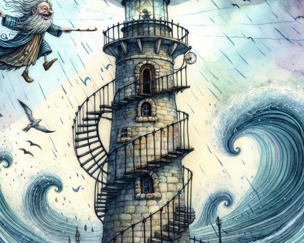 Whimsical lighthouse with spiral staircase under stormy sky