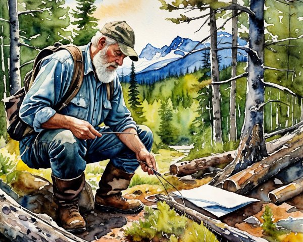 Outdoorsman Examining Map in Vibrant Forest Setting