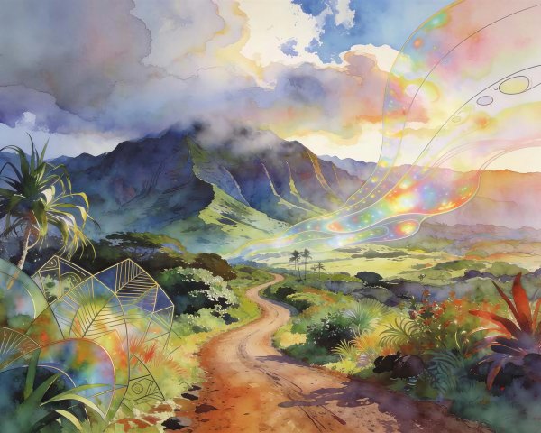 Watercolor Landscape with Dirt Road and Mountains