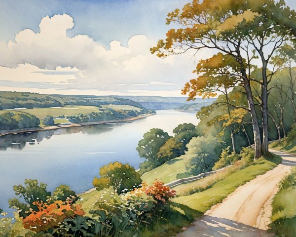 Serene Watercolor Landscape of River and Pathway