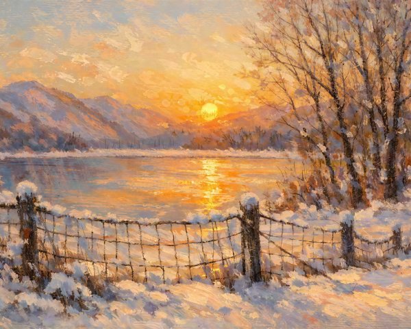 Impressionistic Winter Landscape at Sunrise or Sunset