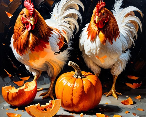 Chickens and Pumpkin in a Colorful Scene
