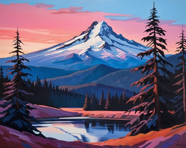 Vibrant Landscape with Snow-Capped Mountain and Lake