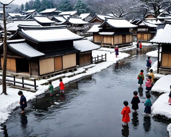 Traditional Village in Snowy Winter Landscape