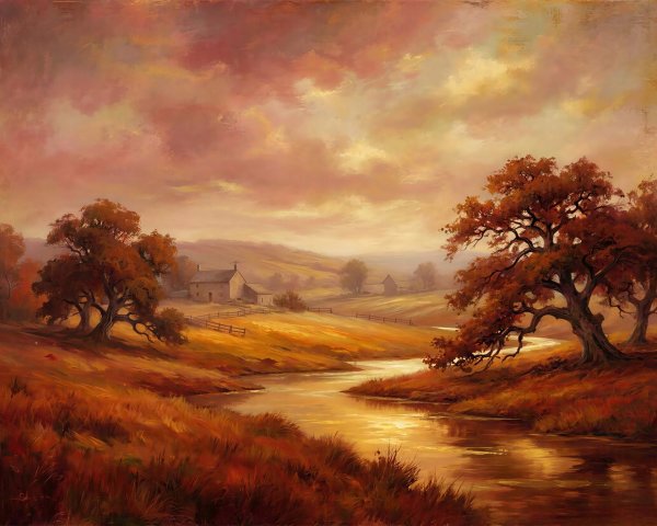 Autumn Rural Landscape with River and Oak Trees